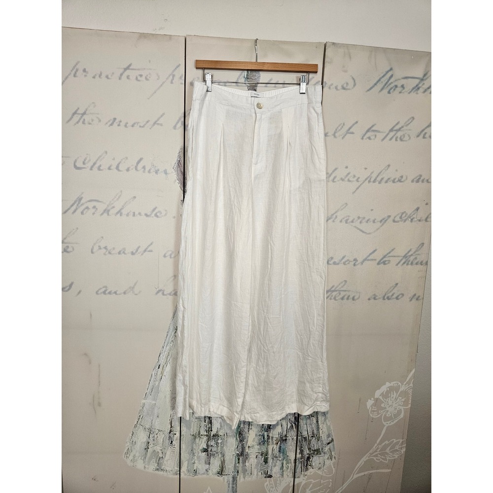 Halston Wide Leg Pants Large White 100% Linen Pleated Coastal Minimalist Chic